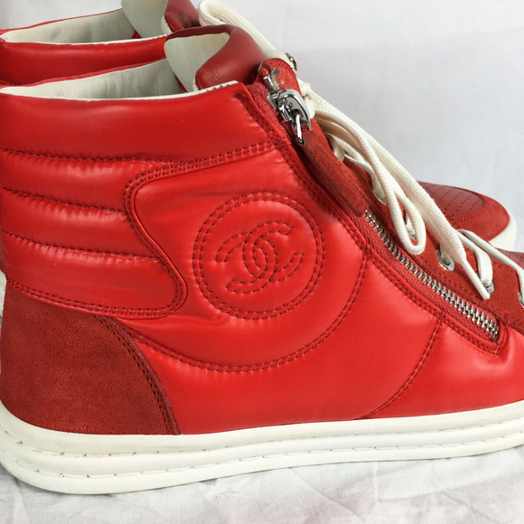 CHANEL Shoes - Chanel Pearl Accent Red High Top Sneaker